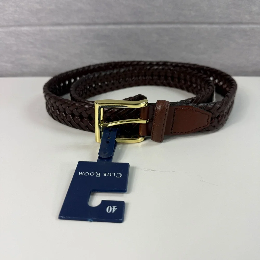 NWT Club Room Mens 40 Braided Belt Brown Woven Faux Leather‎ Gold Buckle Casual